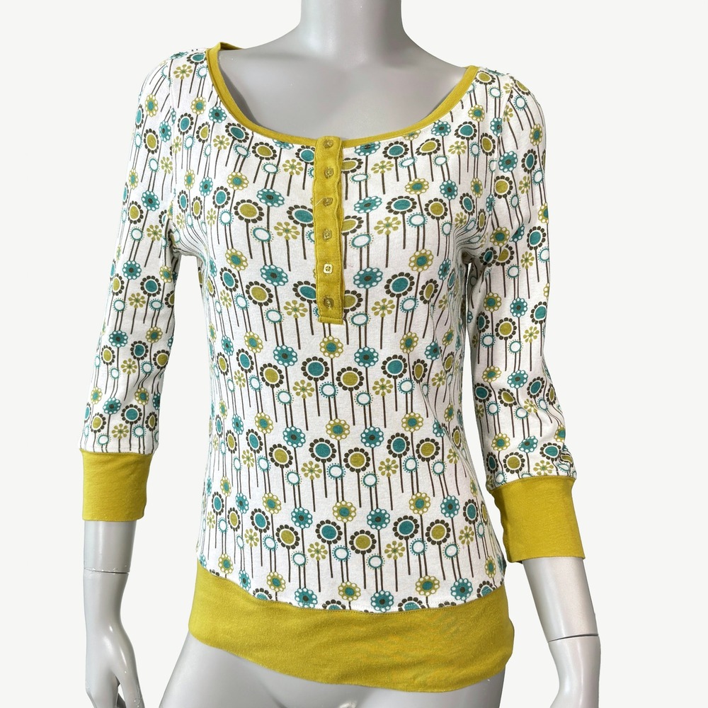 VTG Y2K Fossil Floral Henley Top Womens M‎ 3/4 Sleeve Fitted Retro